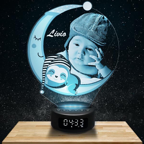 Veilleuse Personnalisée Lune Paresseux Haut de Gamme Réveil / Enceinte Bluetooth